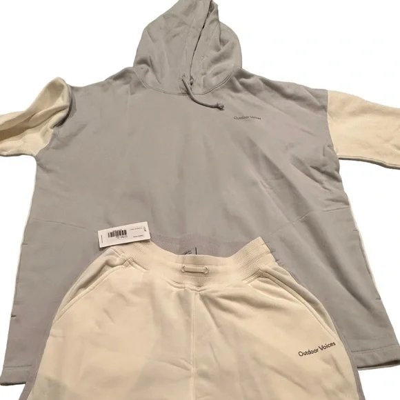 Outdoor Voices Womens Soft Cotton Gray Cream Hoodie Size M Color Block Oversized - Picture 7 of 15